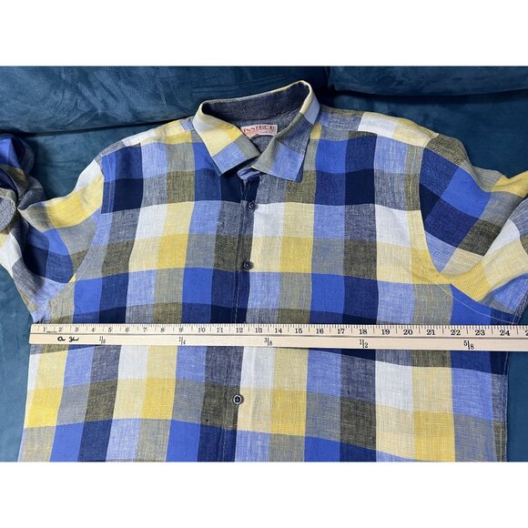Inserch 100% Linen Plaid Shirt Blue Yellow Long Sleeve Button UP MEN XL - Picture 5 of 8